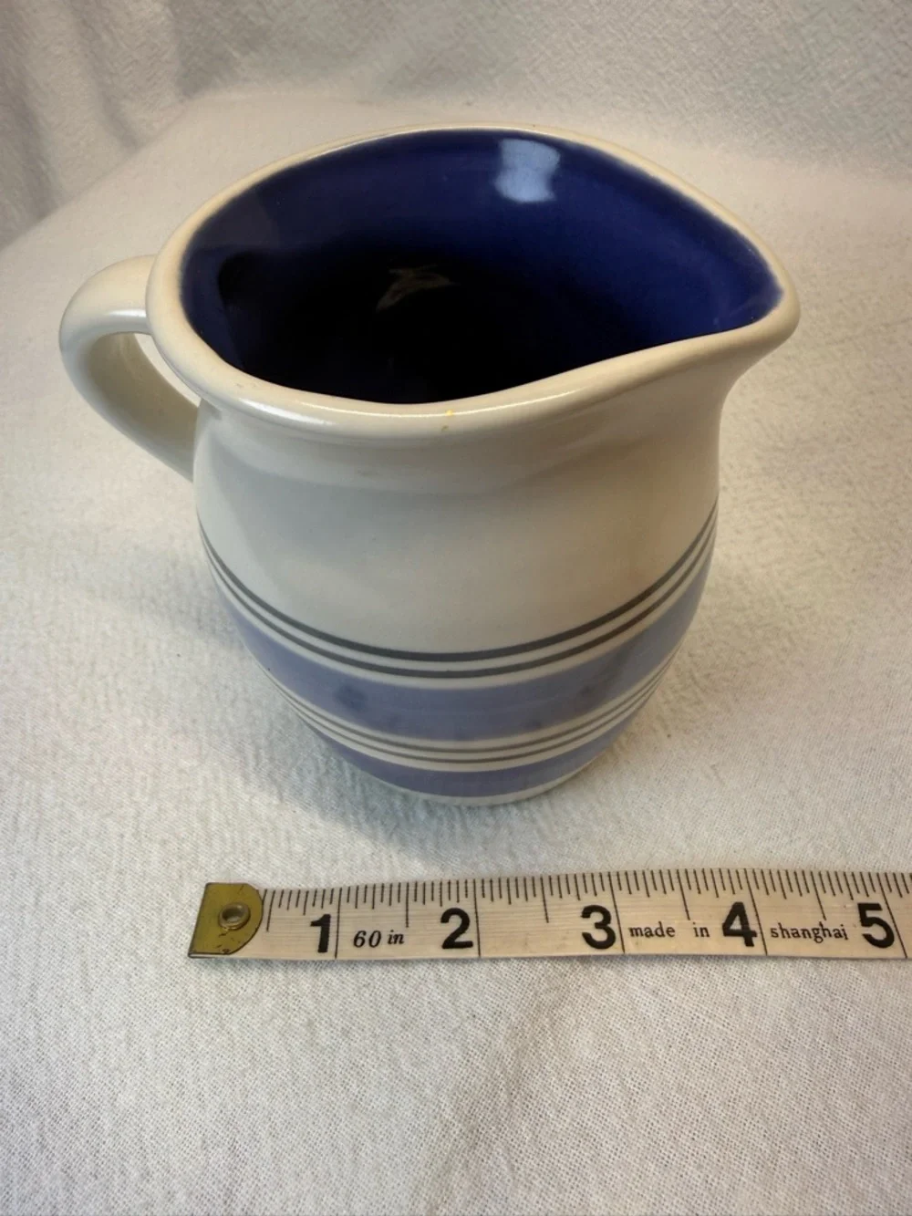 VTG Pfalzgraff Rio Stoneware Creamer blue & gray bands white body blue interior.